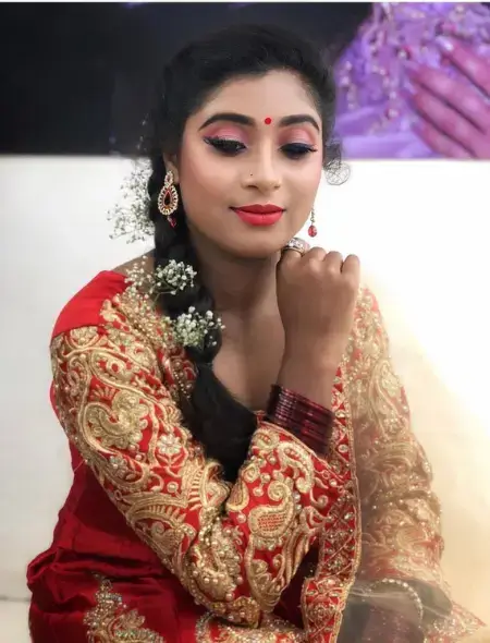 red dress woman showing her makeup